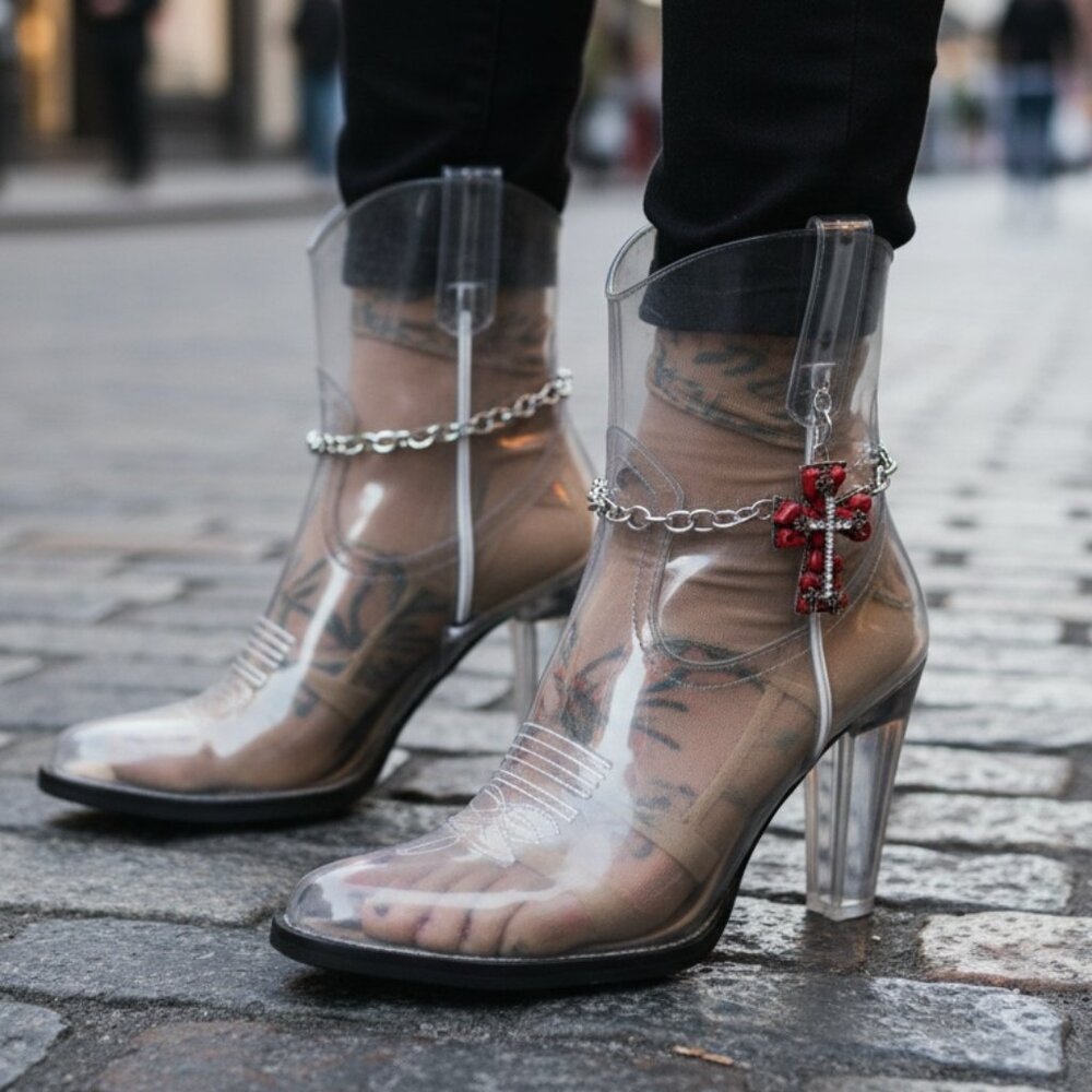 Women Silver Metal Chain 2 Boot Bracelets Shoe Anklet Bling Red Cross Charm PAIR